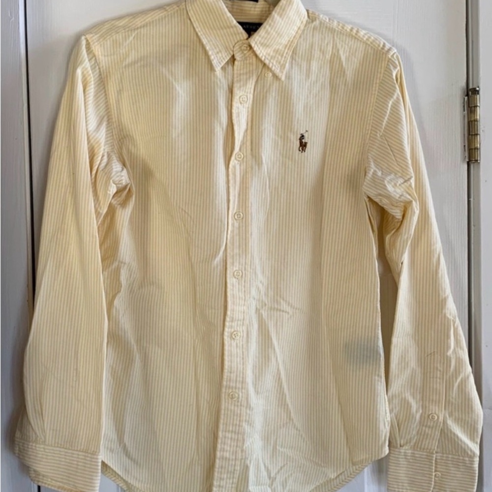 ISO- Polo by Ralph Lauren Men's Cream Striped Button Down Shirt in sizes 10,8,6.